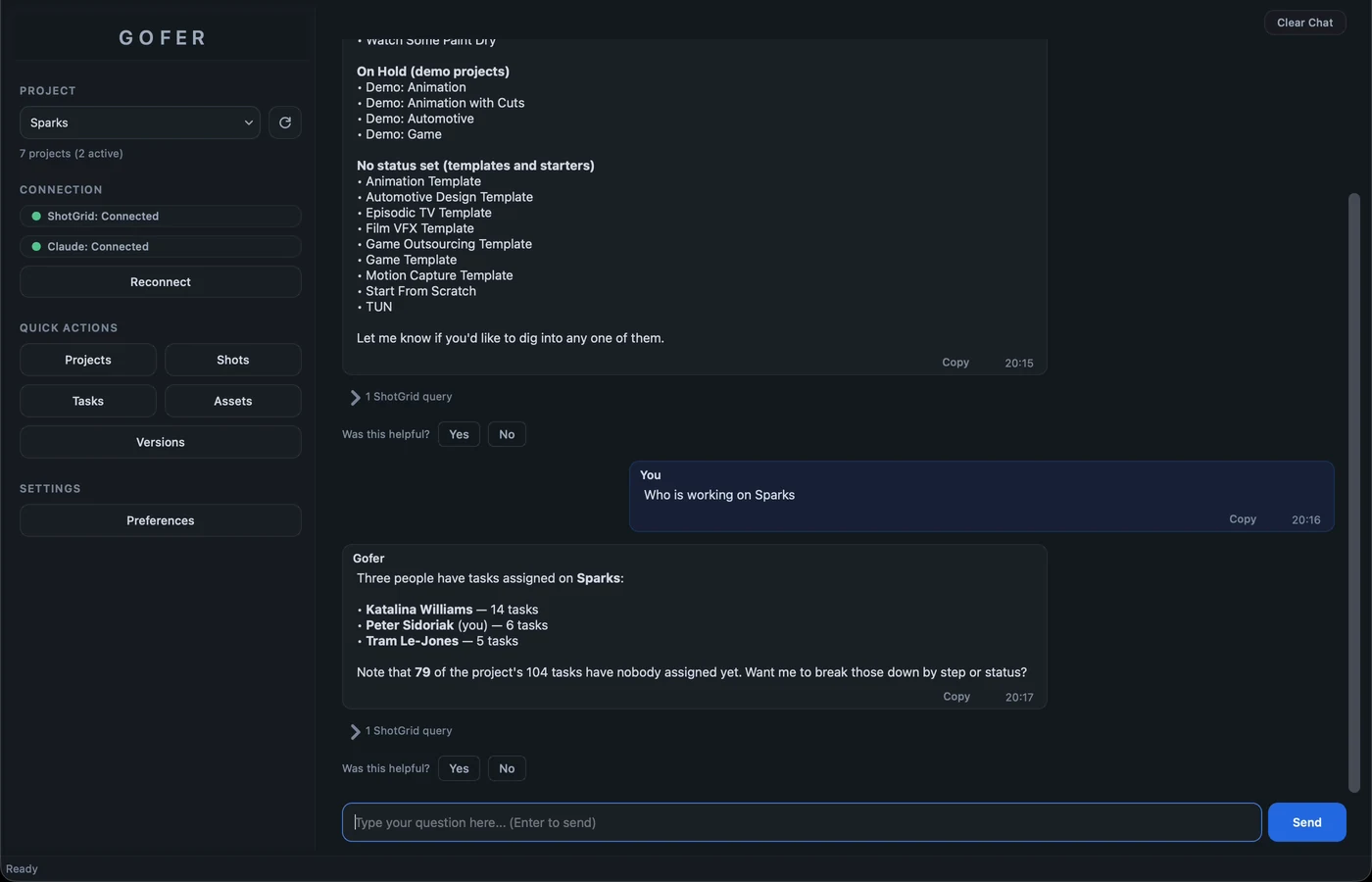 The Gofer app: a sidebar with project Sparks, ShotGrid and Claude both connected, and quick actions; the chat shows the answer to Who is working on Sparks.